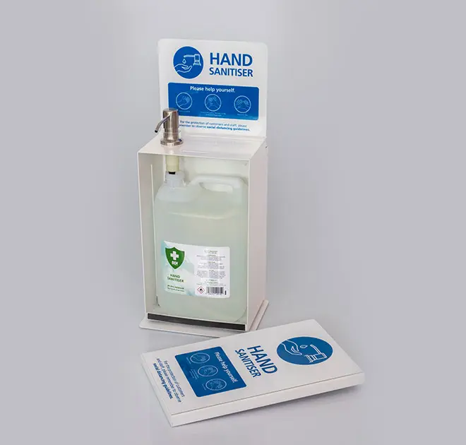 Compact desk top or wall mountable 5Litre hand sanitiser station