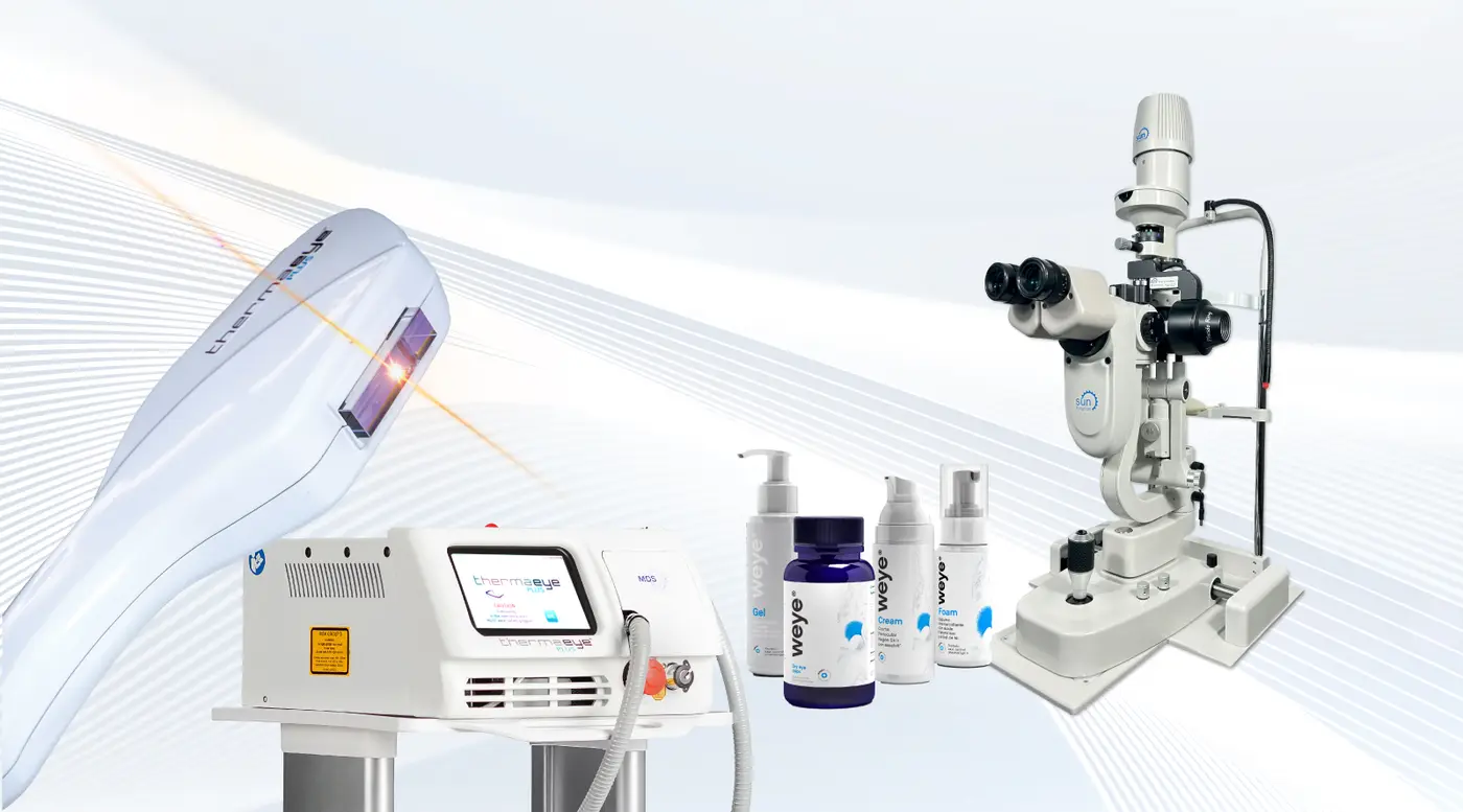BiB Dry Eye Clinic equipment - including ThermaEye IPL device, weye bottles and digital slit lamp with a dry eye analyser